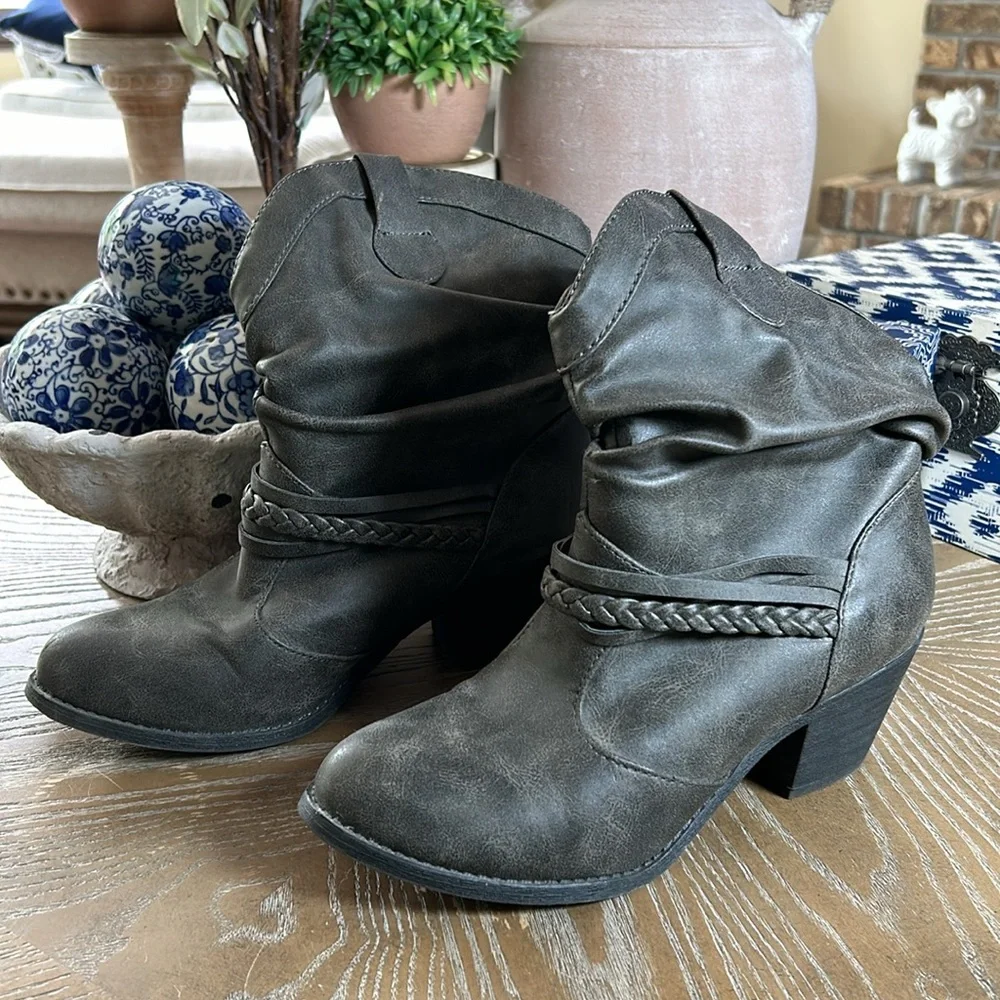 Women Charcoal Gray Western Paper Bag Ankle Booties Boots Size 8